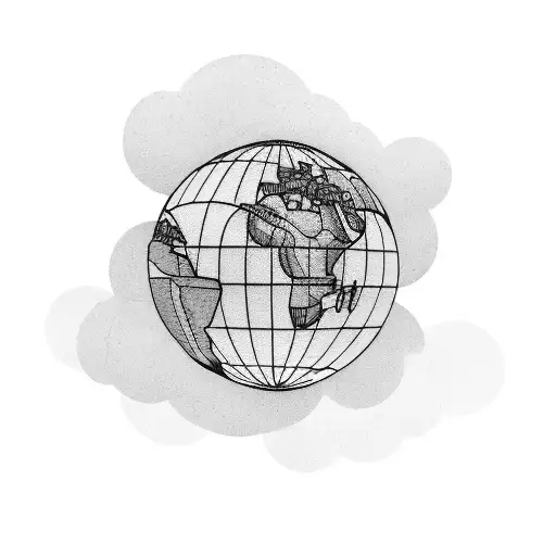 A Blackwork Tattoo Of A Globe With A Drone Flying Around It