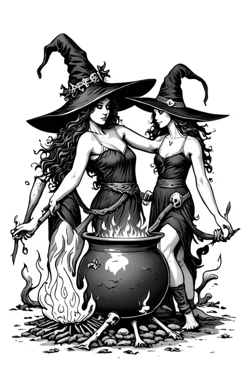 Medieval Style Witches Dancing Around Fire And A Cauldron With Bones