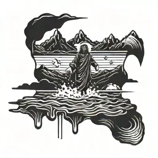 A Stylized Silhouette Of Jesus Walking On Water With A Mountain In The Background