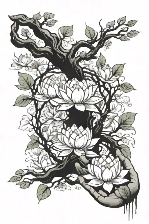 Tree That Have Hands Instead Of Treetop And That Hands Hold A White Lotus