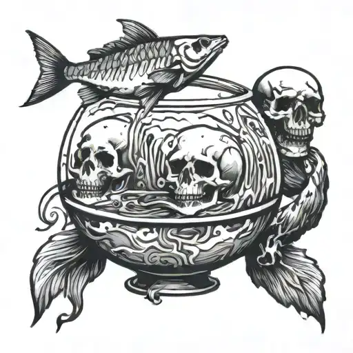 Two Lost Souls Swimming In A Fish Bowl With Skull Surrounded