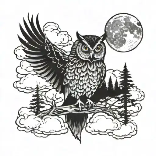Owl In Forest In Clouds With Moon And A Road Winding Tattoo