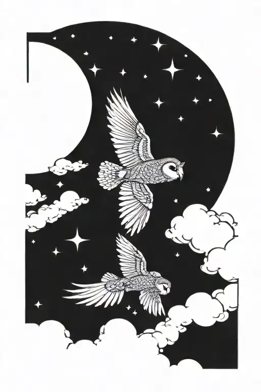 Owl Flying And Moon Shining Tattoo