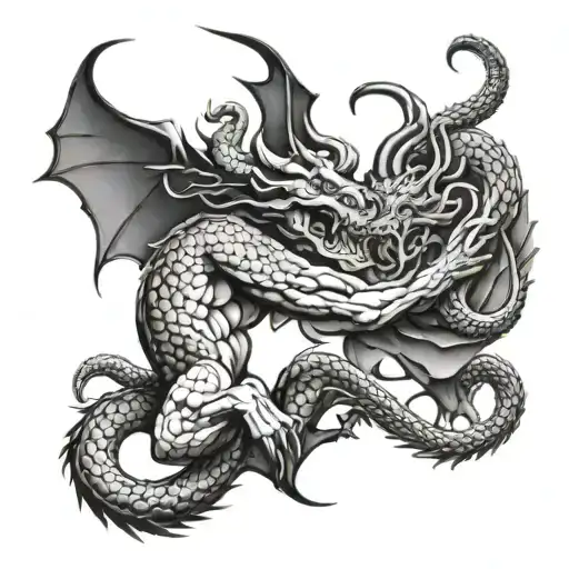 Minotaur Fighting A Chinese Dragon Wrapped Round