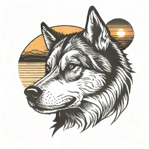 Silhouette Of A Husky Overlooking A Sunset Over A Lake