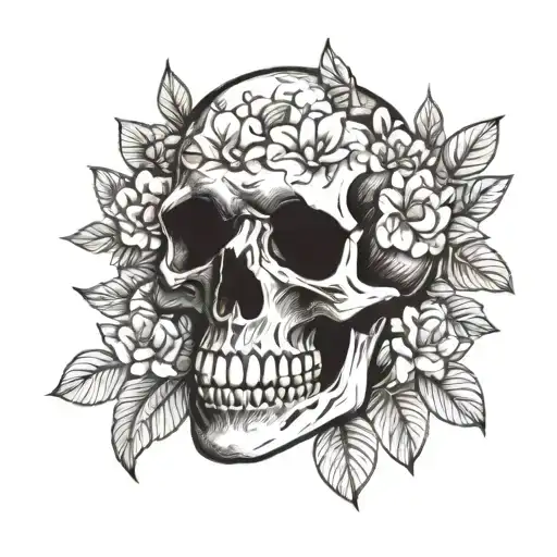 Human Skull Surrounded By Flowers And Leaves Growing
