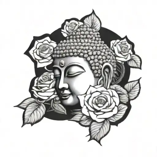 Buddha Head And Roses Growing
