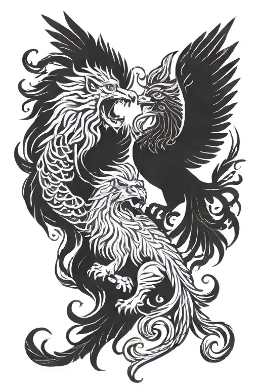 Intertwining Of Phoenix And Lion