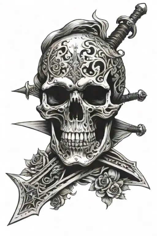 Skull With Human Body Is Looking Sidewards Also Few Swords Are Inside Of His Back