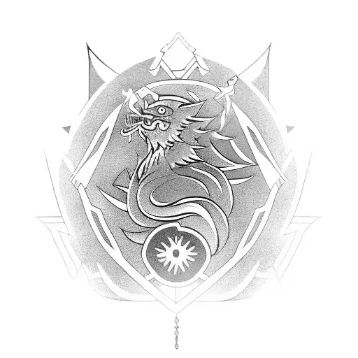 Geometric Samurai Holding Sword With Japanese Symbols On And A Large Phoenix Rising Behind