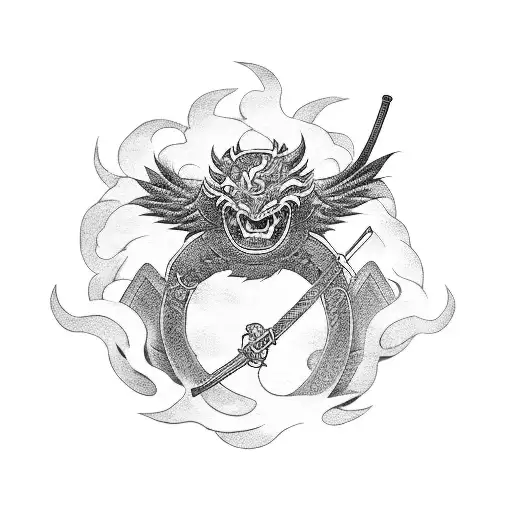 Samurai Holding Sword With Japanese Symbols On And A Large Phoenix Rising Behind