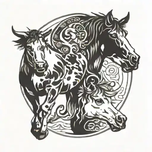 A Cow And Horse Intertwined In A Yin-yang Design
