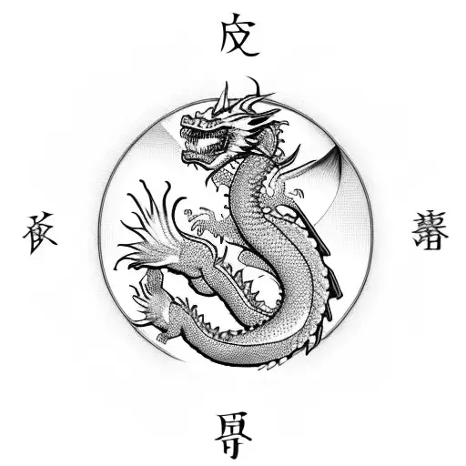 Taiwanase Dragon Wrapped Around Detailed Compass With Clouds And Chinese Letters In Background