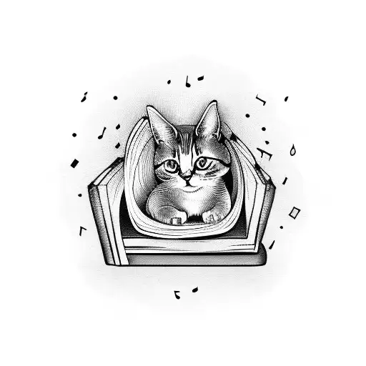 A Cat Curled Up On A Pile Of Books With Musical Notes Floating Around