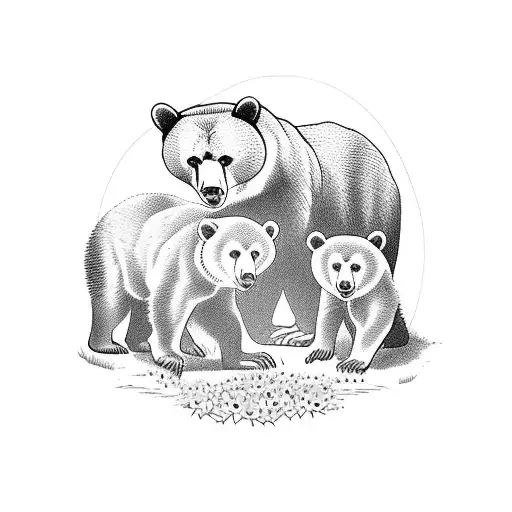 A Mother Russian Bear And Her Cubs Playing In A Field Of Wildflowers