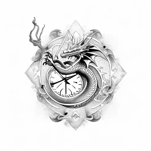 Dragon With Four Clocks Tattoo