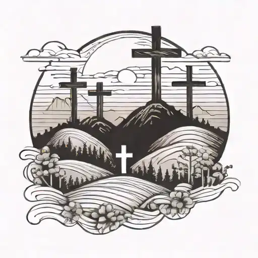 Three Crosses On Three Mountains With A Sunset And Fields