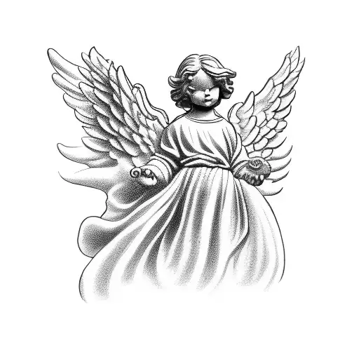 A Statue Of An Angel Holding A Money Bag Surrounded By Clouds