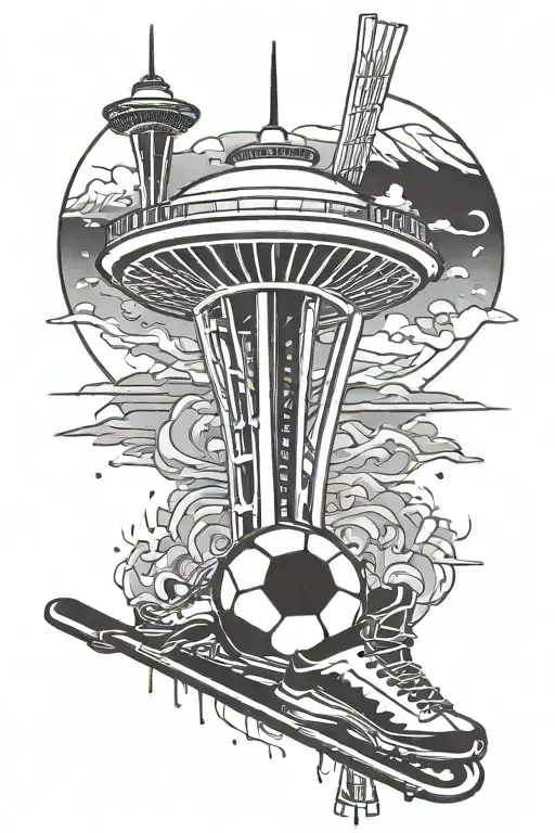Seattle Space Needle With Ice Hockey Sticks For Legs