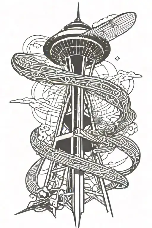 Seattle Space Needle On Two Vertical Hockey Sticks