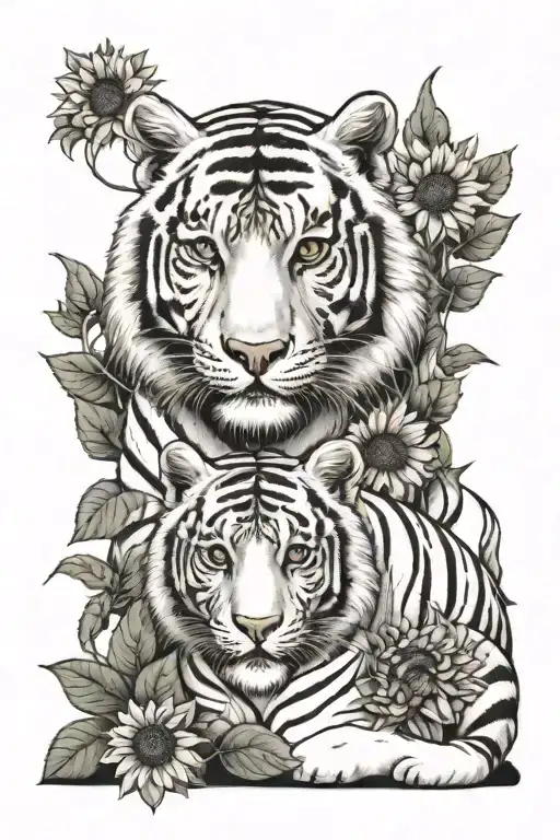 White Tiger With Cub Surrounded By Sunflowers