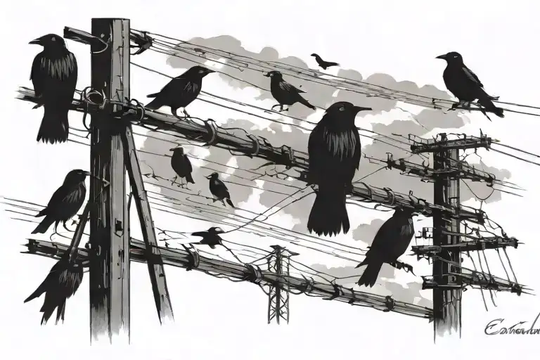 Very Dark Setting With Crows On Power Poles