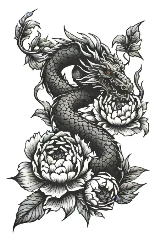 Peonies And Dragon Around The Hand