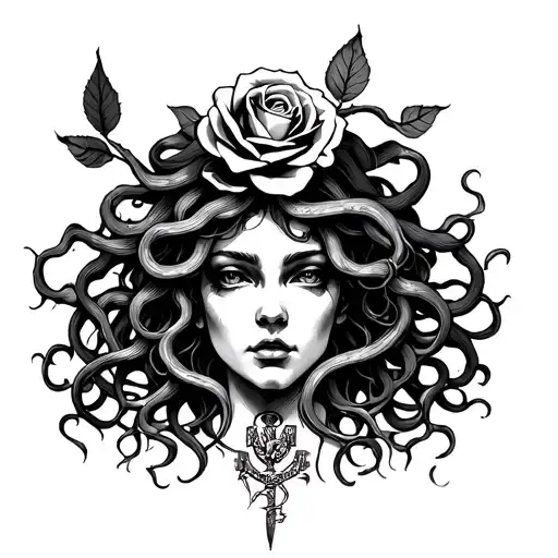 Medusa Garronna With A Rose On The Head And A Symbol Of Power And A Symbol Of Victory On The Brush
