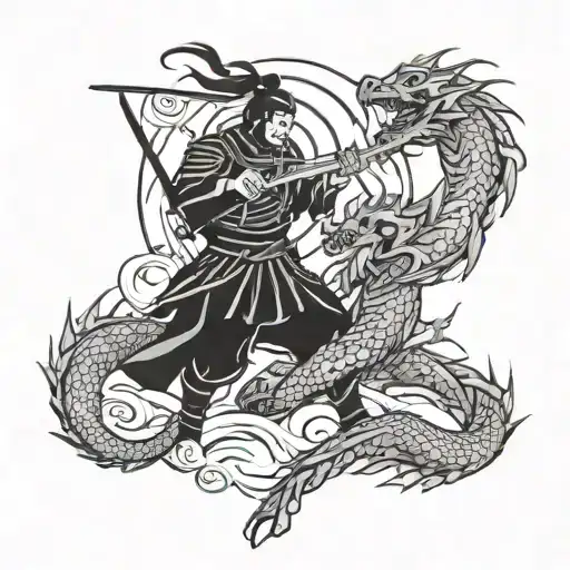 Samurai Battling A Dragon In A Galactic Setting