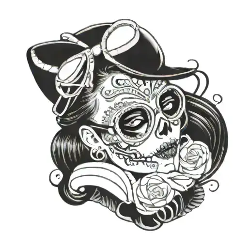 A Dia De Los Muertos Inspired Tattoo Of A Girl Sugar Skull Pilot Wearing Aviator Goggles Hood
