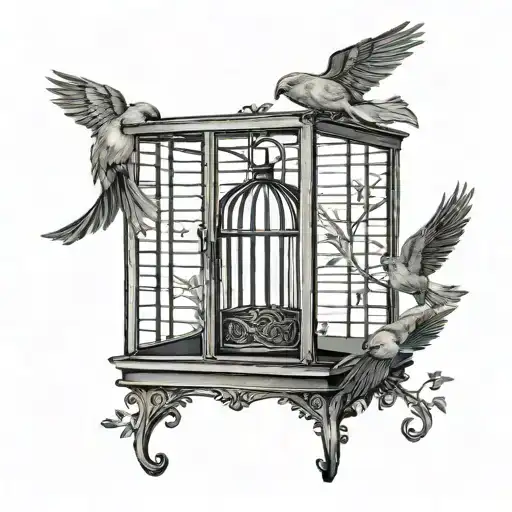 Guilded Bird Cage With Open Door With An Overcoat Partially Covering It