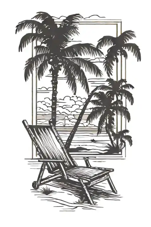 Beach Sunset Scene With Palm Trees Beach Chairs And Polaroid
