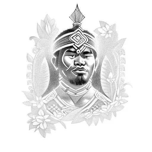 A Tongan Warrior Wearing A Floral Lei And Holding A Sleeping Baby