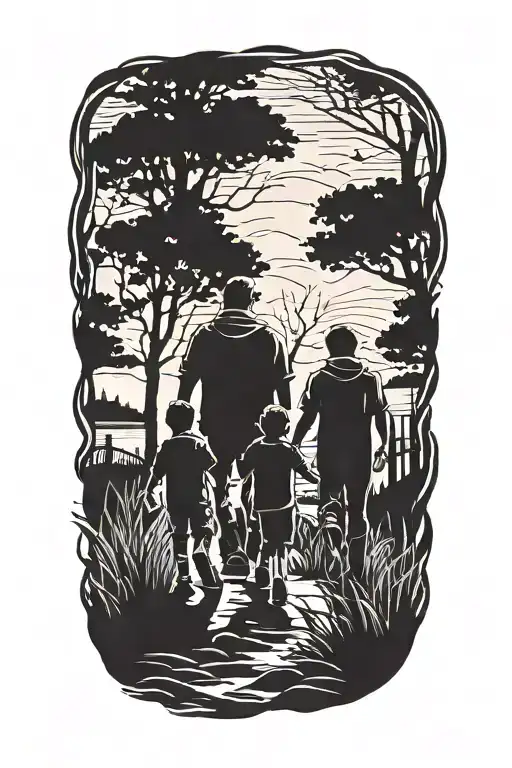 Siluette Of A Father And Two Kids Walking Into The Unknpwn