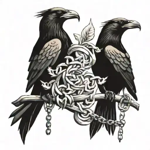 Two Slavic Painted Black Crows With Chains In Their Beaks