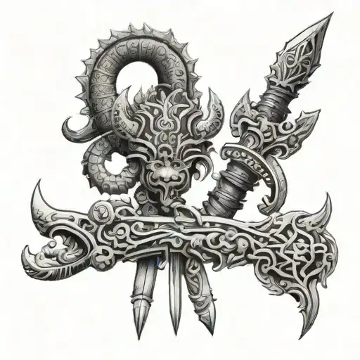 Vertical Arrangement Of Hindu Mythology Weapons For A Back