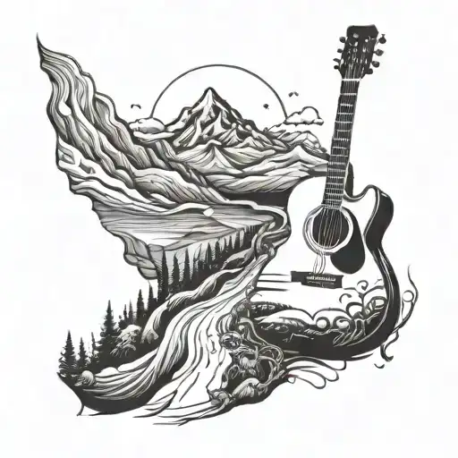 An Intricate Tattoo Of A Guitar Intertwined With A Winding Road And Mountain Scenery