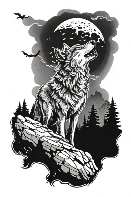 Wolf Howling At Full Moon On A Cliff Overlooking A Forest