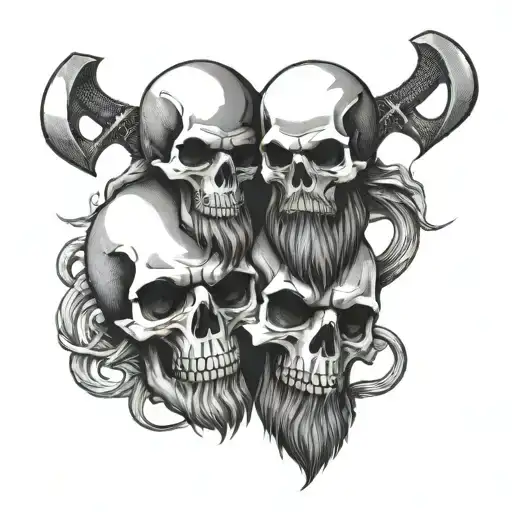 2 Bearded Axes Crossing Over Eachother Skull Wearing