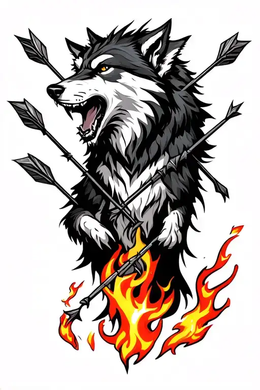 An Enraged Wolf With Arrows Stickings From Its Neck And Flames Below Its Paws
