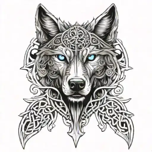 Wolf With Blue Eyes On Armor Tattoo Design Featuring Celtic Trinity Knot
