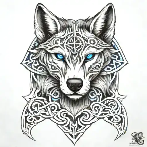 Wolf With Blue Eyes On Armor Tattoo Design Featuring Celtic Trinity Knot