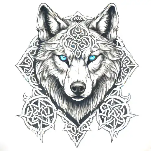 Wolf With Blue Eyes On Armor Tattoo Design Featuring Celtic Trinity Knot