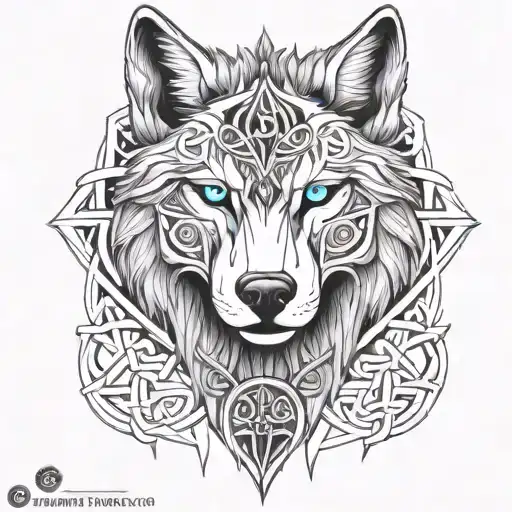 Wolf With Blue Eyes On Armor Tattoo Design Featuring Celtic Trinity Knot