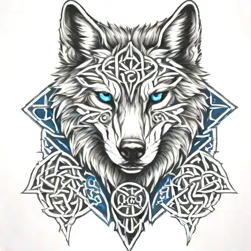 Wolf With Blue Eyes On Armor Tattoo Design Featuring Celtic Trinity Knot