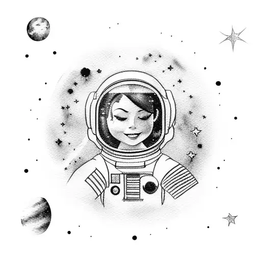 Fully Body Astronaut Girl Looking Up With Watercolor Galaxy Background