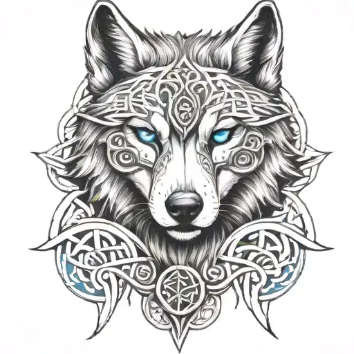 Wolf With Blue Eyes On Armor Tattoo Design Featuring Celtic Trinity Knot