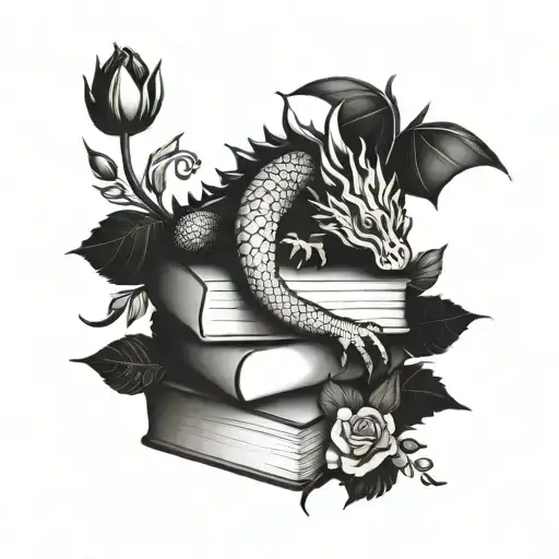 Sleeping Dragon On Books Surrounded By Florals