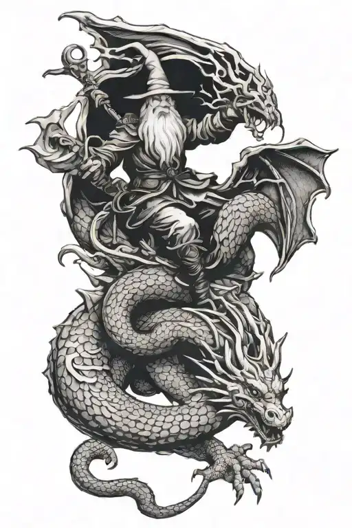 Wizard Riding Dragon Intertwined