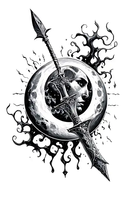 Spear Piercing Thru Moon With Mist In All Black